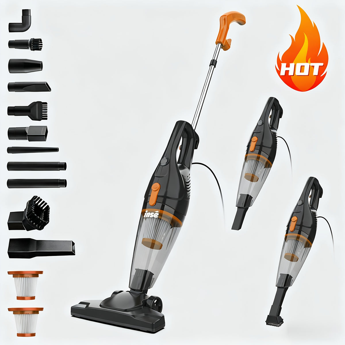 Corded Stick Vacuum Cleaner INSE R3S with Listed 400W Motor, 16kPa Suction, 3.75lb Weight and 6m Cord for Hardwood Floors, Low-Pile Carpet and Pet Hair