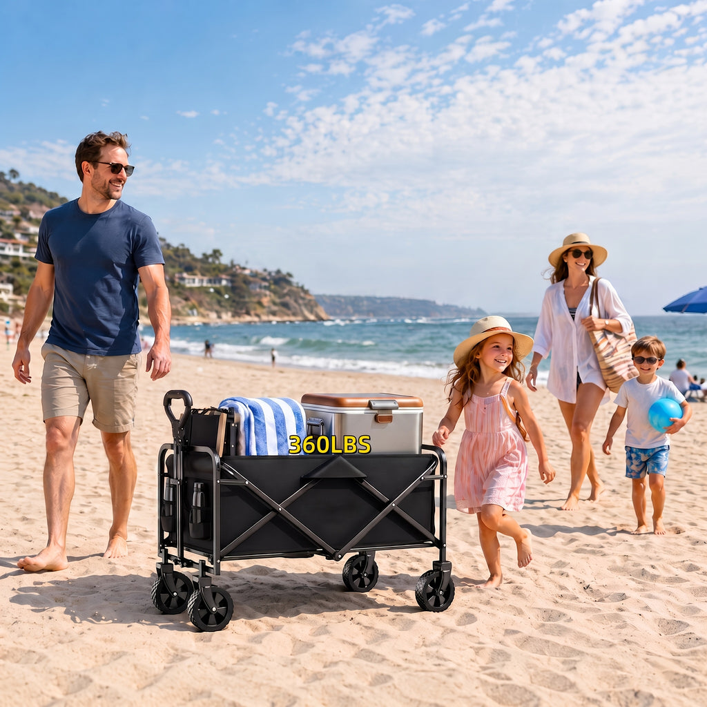 Camping Supply Folding Wagon Cart with Listed Five-Inch Tires, Collapsible Utility Carrier in Four Load-Labeled Options for Garden Gear, Beach Trips and Moving
