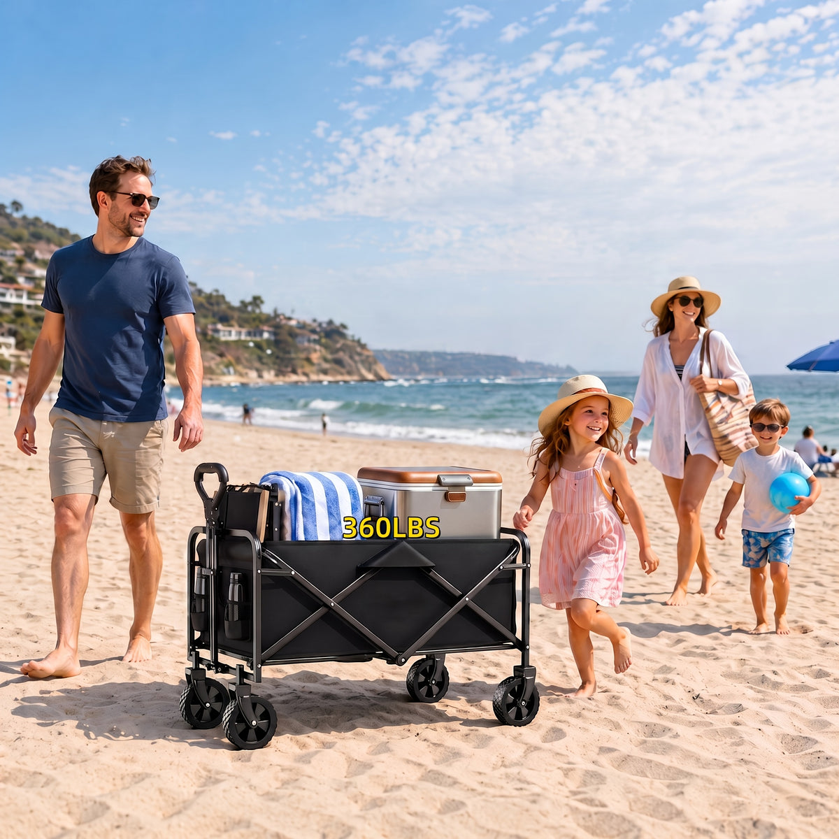 Camping Supply Folding Wagon Cart with Listed Five-Inch Tires, Collapsible Utility Carrier in Four Load-Labeled Options for Garden Gear, Beach Trips and Moving