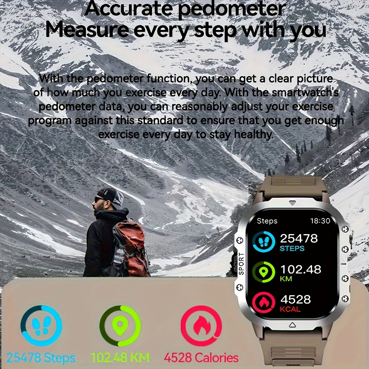 Outdoor Flashlight Smartwatch in Brown with Listed 2.1-Inch Screen, Multiple Sports Modes and Notifications for Men and Women Using Android or iPhone