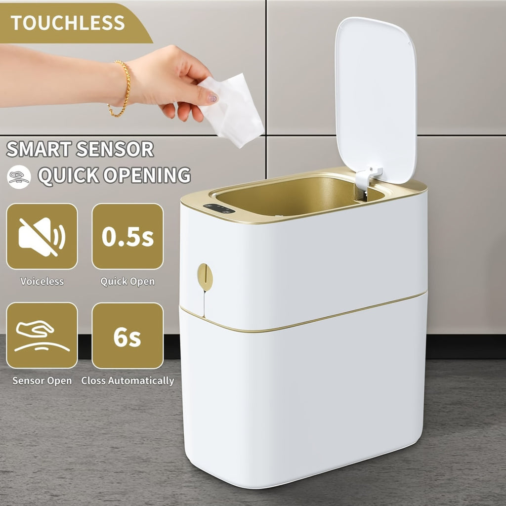 Golden-Accent Sensor Trash Bin with Listed 4-Gallon Capacity and Automatic Lid, One- or Two-Piece Options for Bathroom, Bedroom and Office Waste Storage, Batteries Excluded