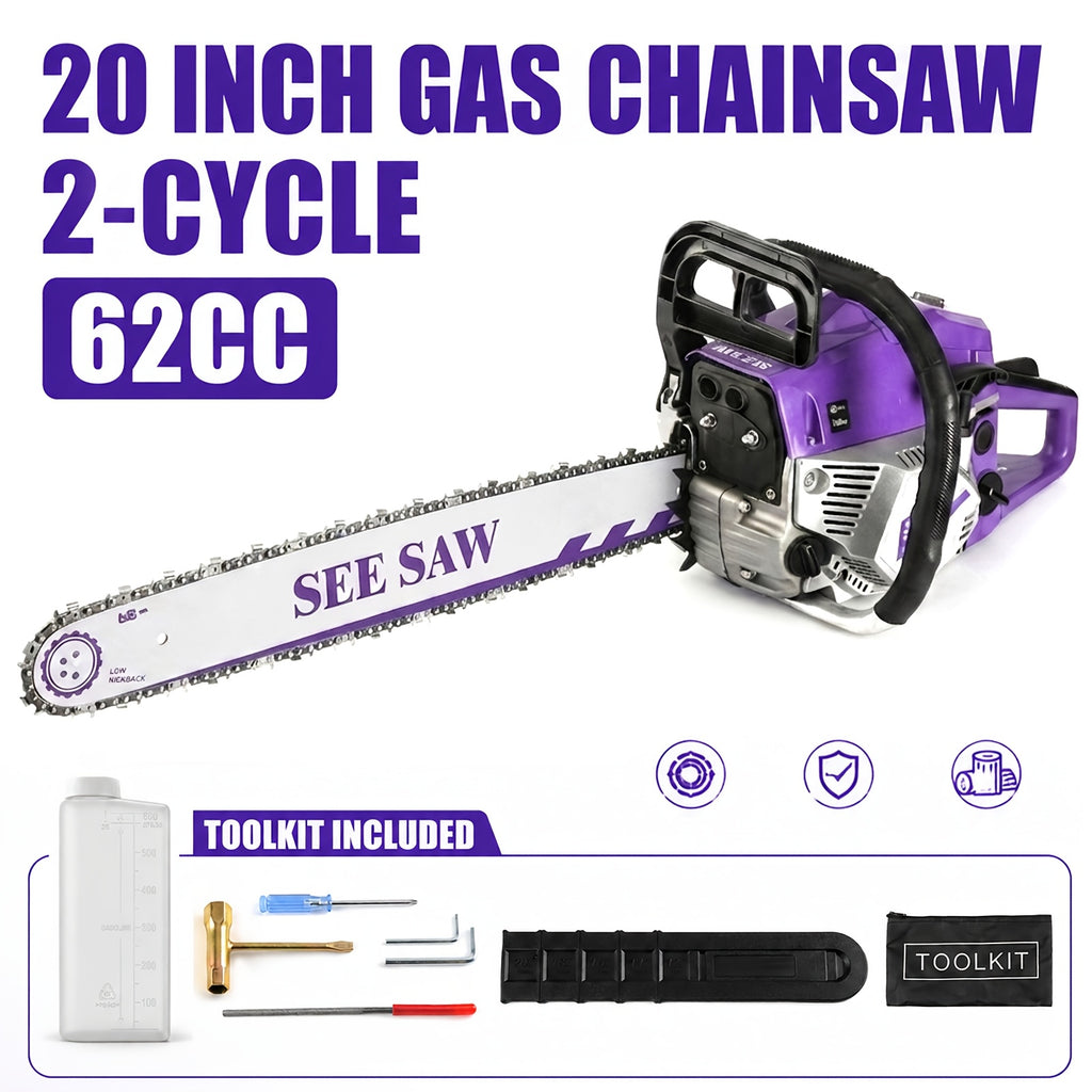 Gas Chainsaw with Anti-Vibration Handle, 62cc 2-Stroke Wood Cutting Saw with Listed 20-Inch Guide Bar for Experienced Adult Ranch and Farm Users