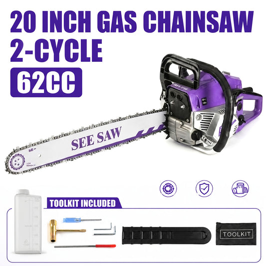 Gas Chainsaw with Anti-Vibration Handle, 62cc 2-Stroke Wood Cutting Saw with Listed 20-Inch Guide Bar for Experienced Adult Ranch and Farm Users
