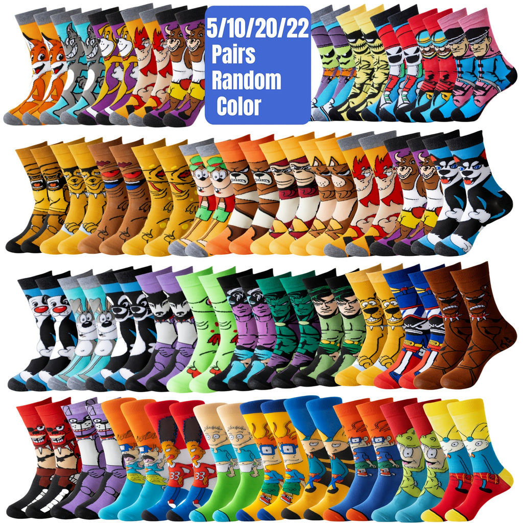 Random Color Cartoon Socks, Mid-Calf Knit Multipacks in 5, 10, 20 or 22-Pair Options with 97.8% Polyester and One-Size Label for Unisex Everyday Casual Outfits