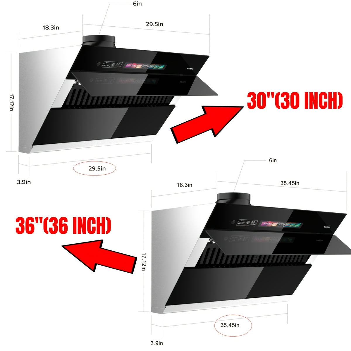 Under-Cabinet Side-Draft Range Hood by BRANO with Voice, Gesture and Touch Controls, Four Fan Speeds and Stainless Steel Filters, 30 or 36 Inch Options