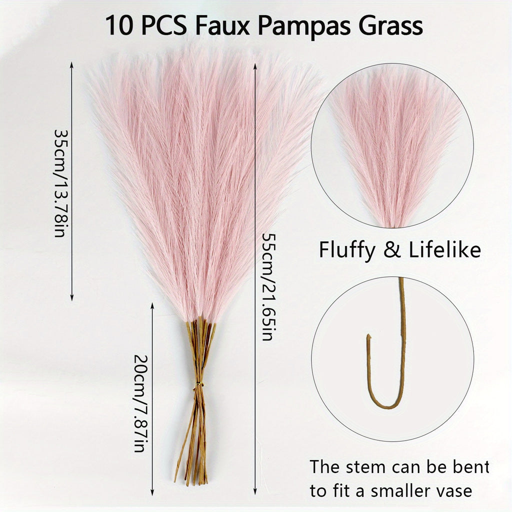 Artificial Pampas Grass for Boho Home Decor, Listed 10-Piece Bouquet for Living Room, Dining Table, Bedroom and Wedding Arrangements, Vase Not Included
