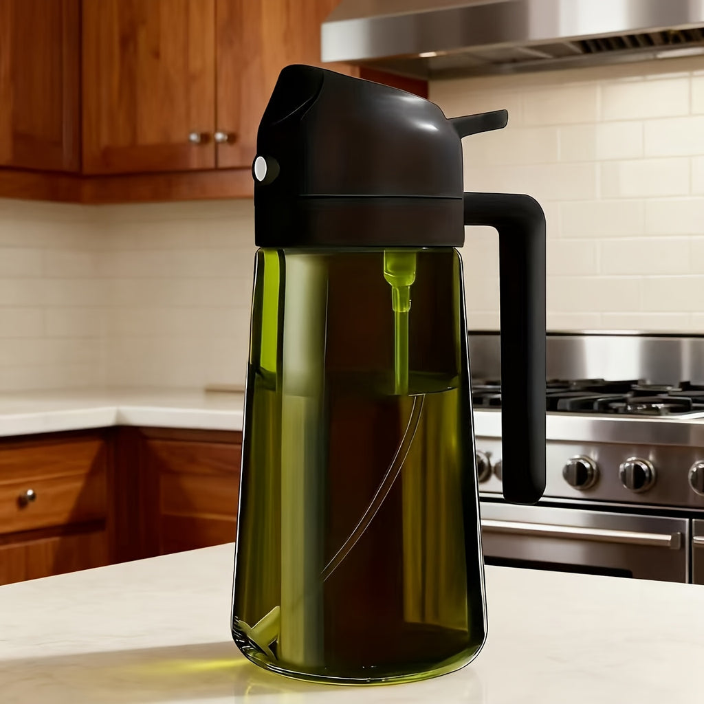 Olive Oil Sprayer and Dispenser Bottle, Listed 16 Oz Dark Green Glass with Black Cap and Six Stickers for Two-in-One Pouring and Cooking Oil Spray in Kitchen and BBQ Prep
