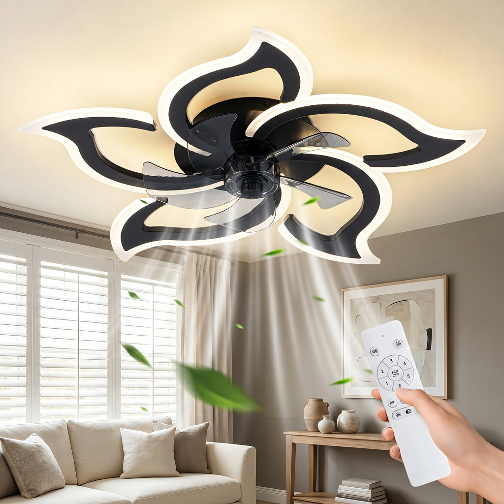 Petal Shape Ceiling Fan with LED Light and Remote, Listed 30-Inch Low-Profile Flush Mount, Six Speeds and Three Light Colors, Black Round or Pointed Leaf Options