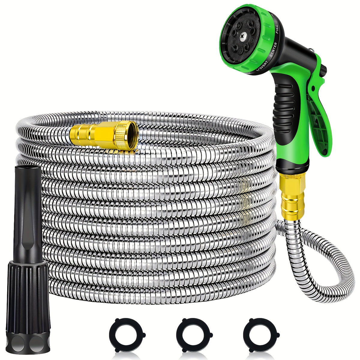 Flexible Metal Garden Hose with Spray Nozzle, Stainless Steel Watering Hose for Yard Care and Vehicle Rinsing, Standard and Upgraded Length Options