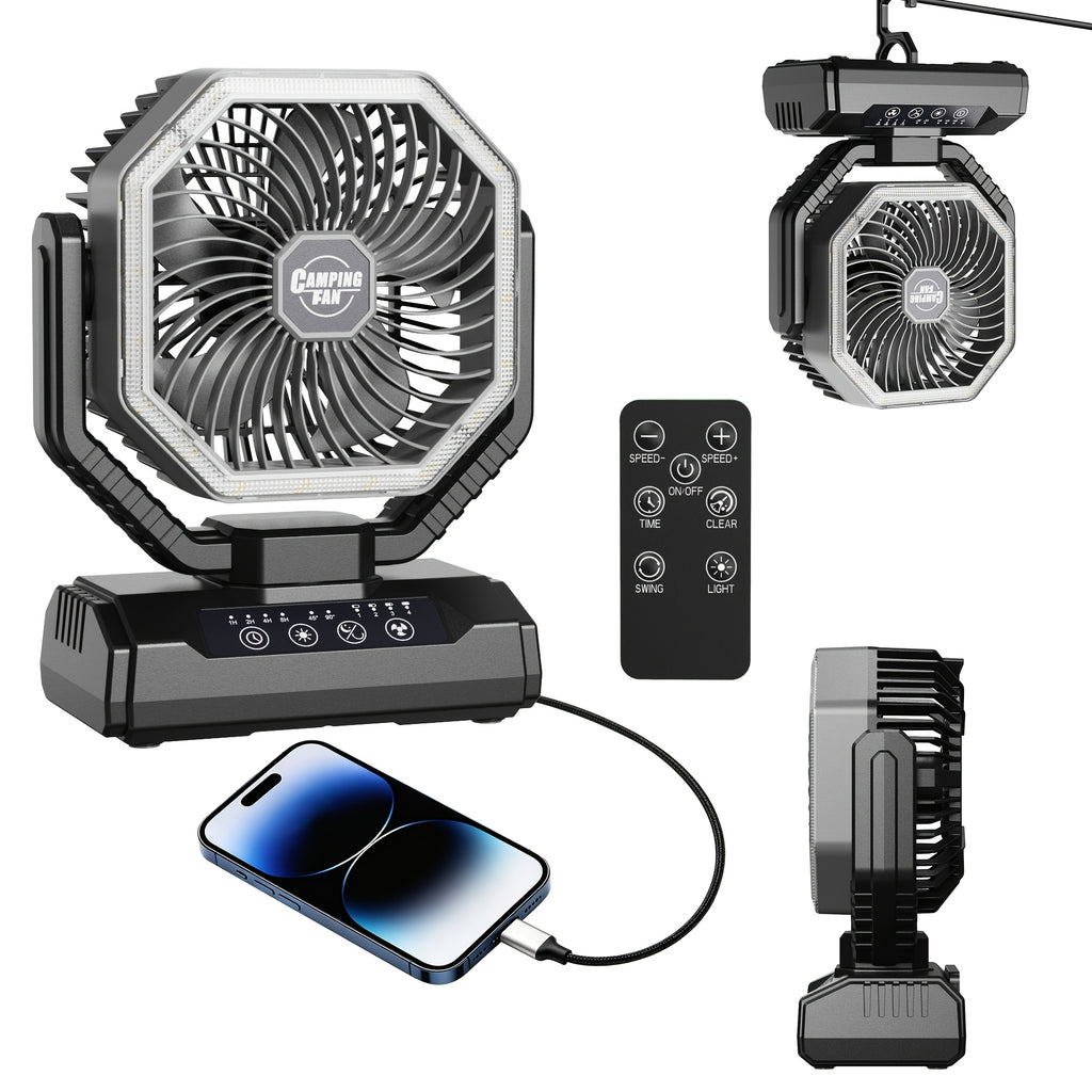 Battery Powered Camping Fan with 20000mAh Rechargeable Battery, Dual Auto Swing, 4 Speeds, 3-Level LED Light, 8-Hour Timer and Hanging Hook for Tents and RV Trips