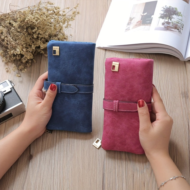 Womens Long Wallet Clutch with Photo Window and Credit Card Organizer, Solid Color Everyday Accessory in Green, Pink, Brown, Dark Blue, Rose Red, Purple or Gray