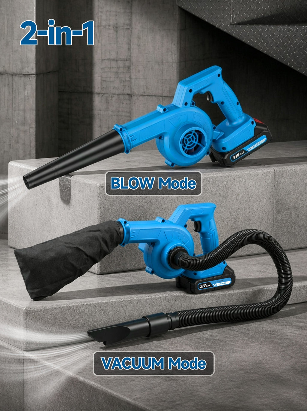 Cordless Leaf Blower and Vacuum with Extension Tube for Yard Cleanup, Handheld Tool in Black One-Battery, Blue Two-Battery and Five-Piece Kit Options