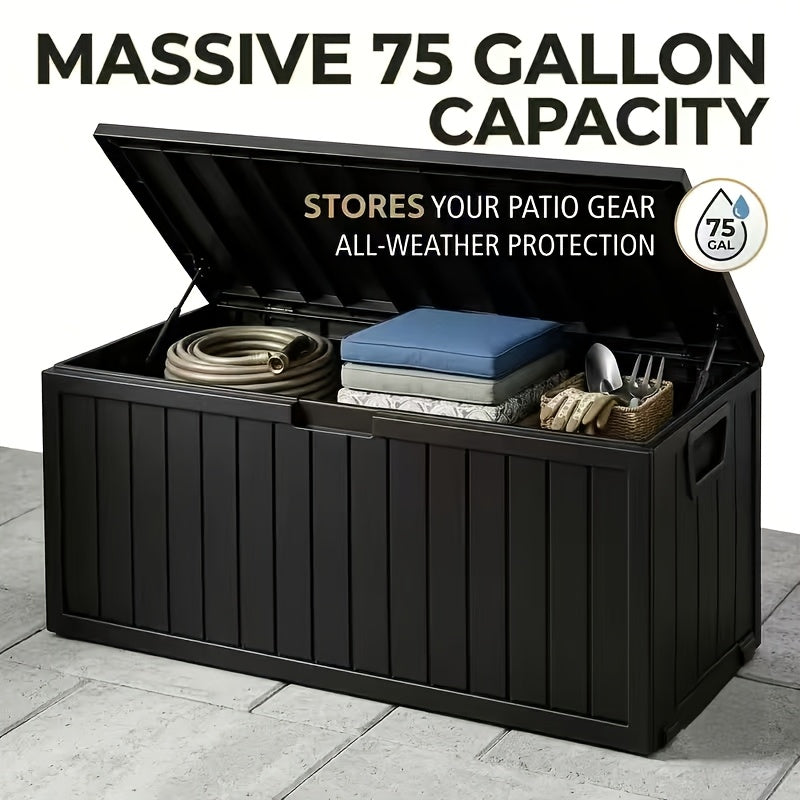 Flip-Top Patio Storage Box, Plastic Deck Organizer with Lockable Lid and Handle/Wheel References, Black 75 or Black 35 Model Options for Outdoor Essentials