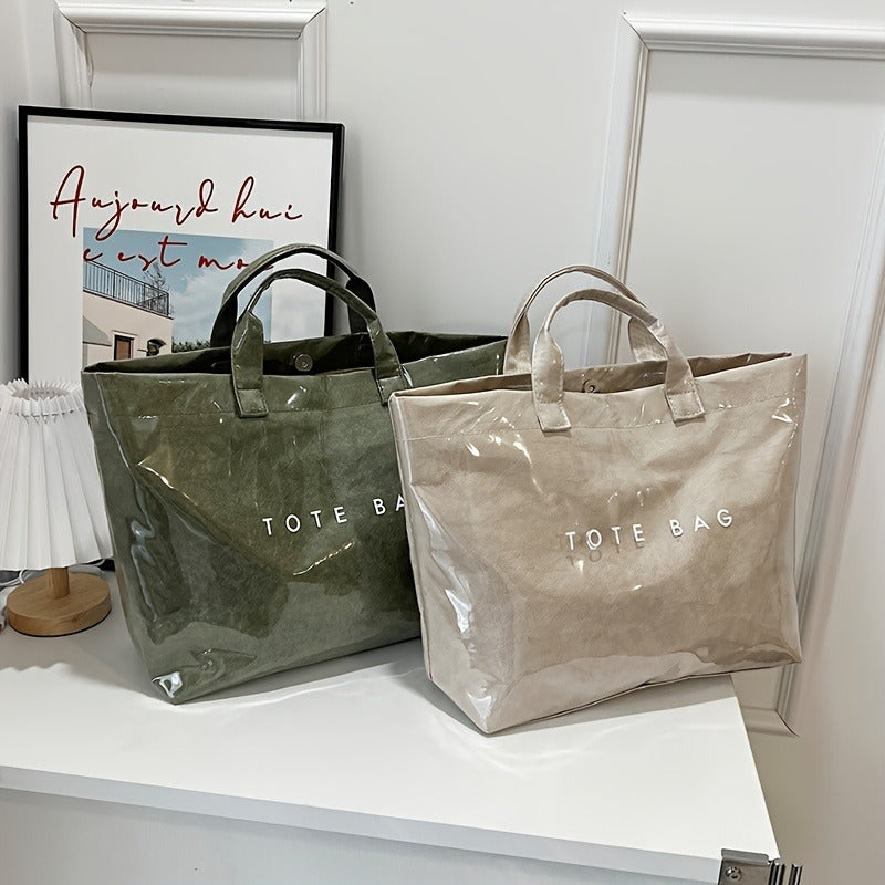 Detachable-Strap Handbag for Women with Listed Tape Closure, Beige, Green, Brown or Black Tote Options for Everyday Shopping, Casual Travel and Event Styling