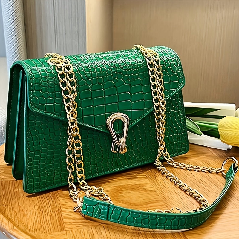 Reptile-Pattern Crossbody Bag for Women with Chain Strap Styling and Gold-Tone Hardware, White, Green or Rose Red Shoulder Purse for Casual and Evening Outfits