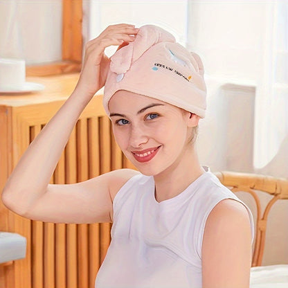 Cartoon Embroidered Hair Towel Cap in Pink, Single-Piece 240GSM Coral Fleece Hair Drying Accessory for Women's After-Shower, Travel and At-Home Spa Routines