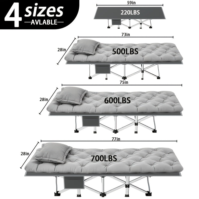 Oversized Folding Camping Cot for Guest Sleeping and Outdoor Lounging, Gray or Black Models with Listed 500, 600 or 700 lb Ratings plus Mini Option Without Mattress