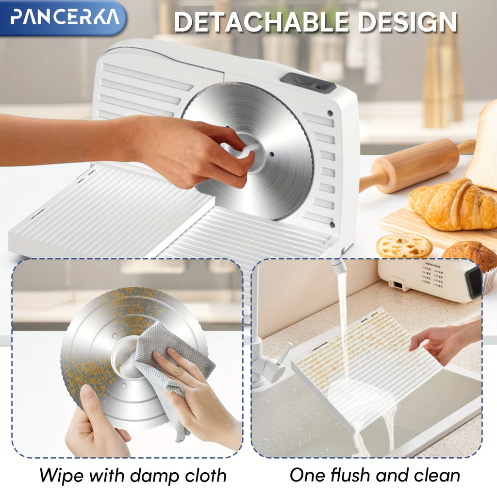 Adjustable Deli Food Slicer by PANCERKA in White, One Electric Cutting Machine with Listed 0–15mm Thickness Range and 130–200W Wording for Compatible Kitchen Foods