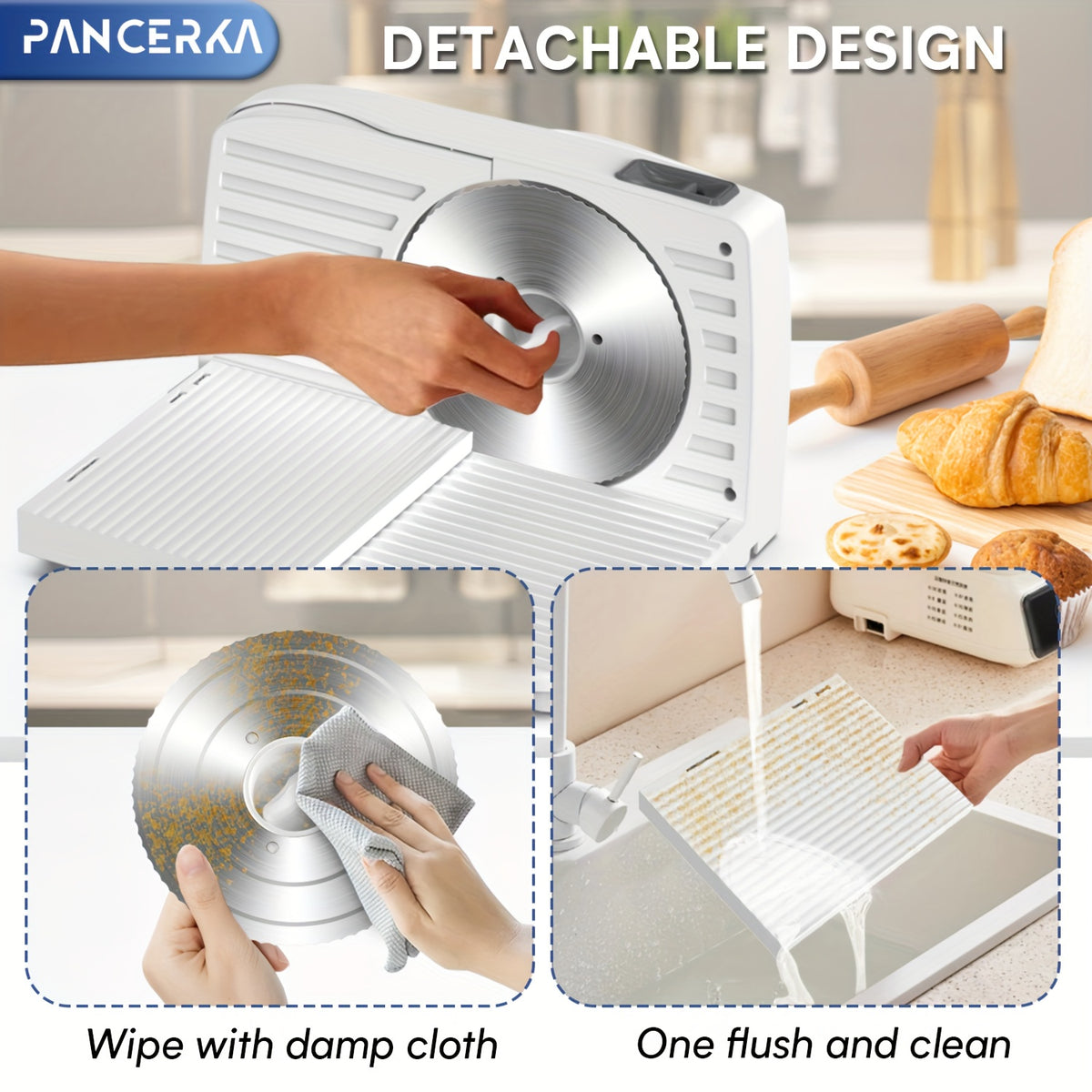 Adjustable Deli Food Slicer by PANCERKA in White, One Electric Cutting Machine with Listed 0–15mm Thickness Range and 130–200W Wording for Compatible Kitchen Foods