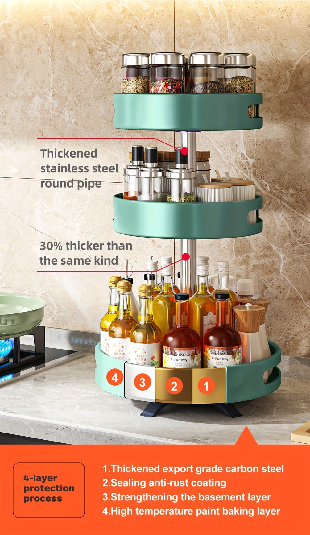 Rotating Spice Rack with Double-Layer Storage, Large Green, Silvery, White or Black Option Labels for Kitchen Countertop Seasoning and Corner Organization