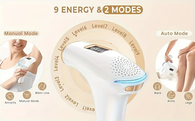 IPL Hair Removal Device for At-Home Use, 5cm² Light Window with 9 Adjustable Intensity Levels, Manual and Automatic Operation, White Beauty Tool