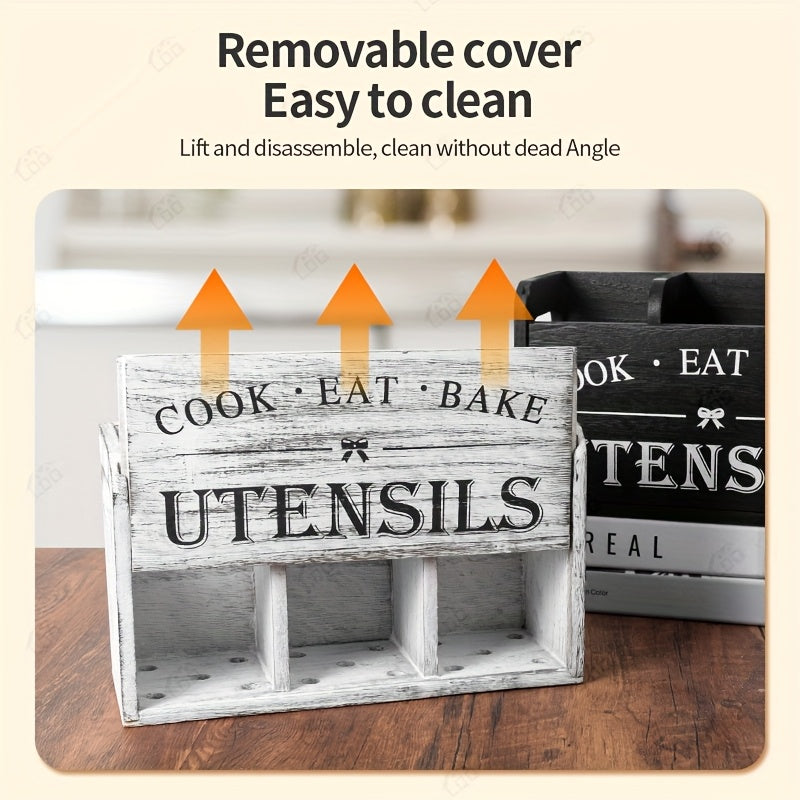 Wooden Kitchen Utensil Holder by LDQ, Rustic Countertop Organizer in Black or White with Two-Compartment Options for Forks, Spoons and Whisks