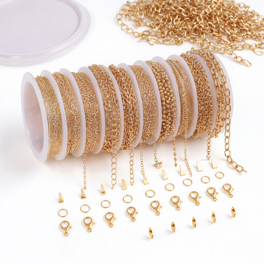 Assorted Jewelry Making Chains in 10 Styles, Stainless Steel Chain Supplies in Golden or Silvery Colors for DIY Necklaces, Bracelets and Handmade Accessories