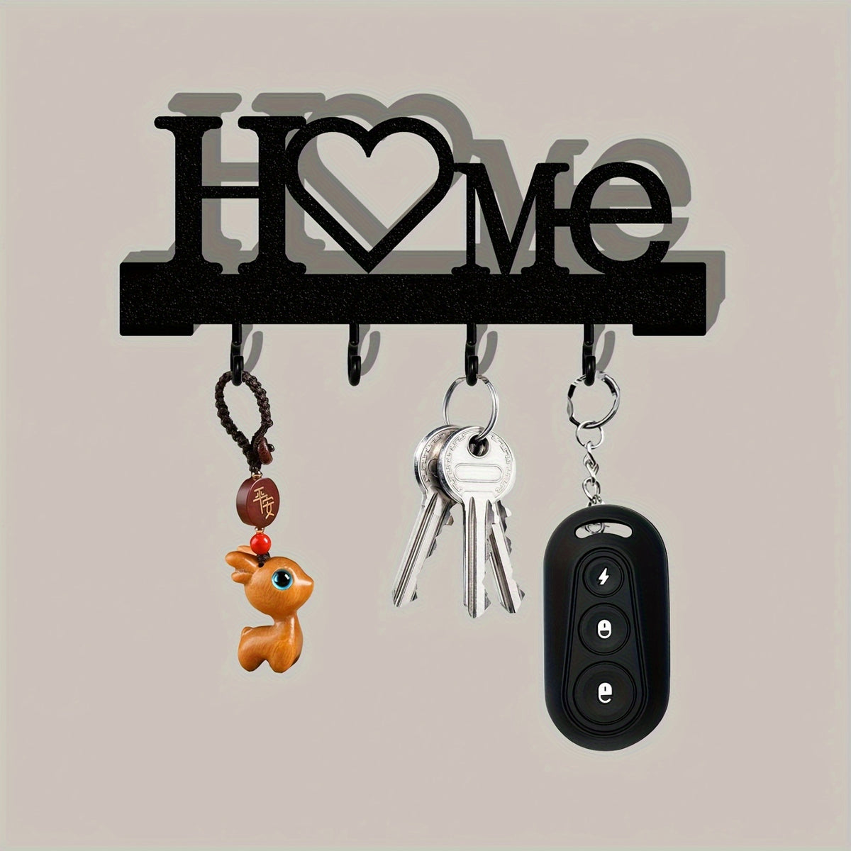 Home Love Key Hook Organizer for Wall-Mounted Entryway Storage, Single Decorative No-Drill Key Rack in Black, White, Grey or Blue for Hallways and Living Rooms