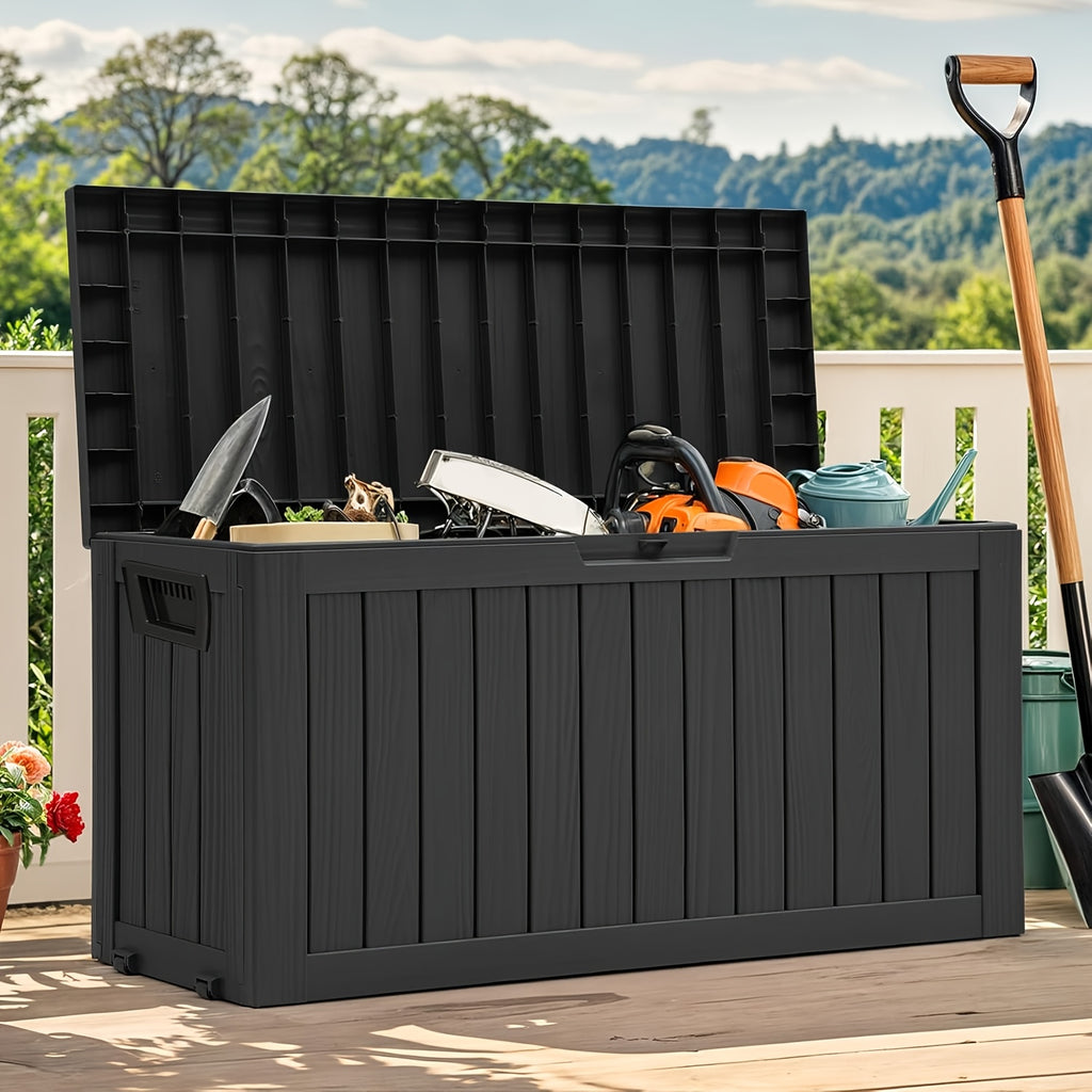 Outdoor Deck Storage Box in Black with Listed 75-Gallon Capacity, Locking Hole and Bottom Casters for Organizing Compatible Patio, Porch and Garden Essentials
