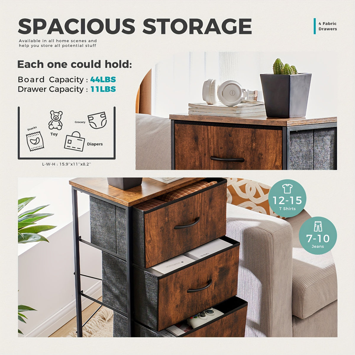 Narrow Fabric Storage Tower with Wooden Top, Two-Drawer Styles and Four-Drawer White Option for Bedroom, Closet, Laundry Room and Entryway Organization