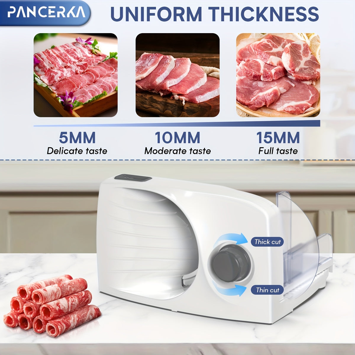 Adjustable Deli Food Slicer by PANCERKA in White, One Electric Cutting Machine with Listed 0–15mm Thickness Range and 130–200W Wording for Compatible Kitchen Foods