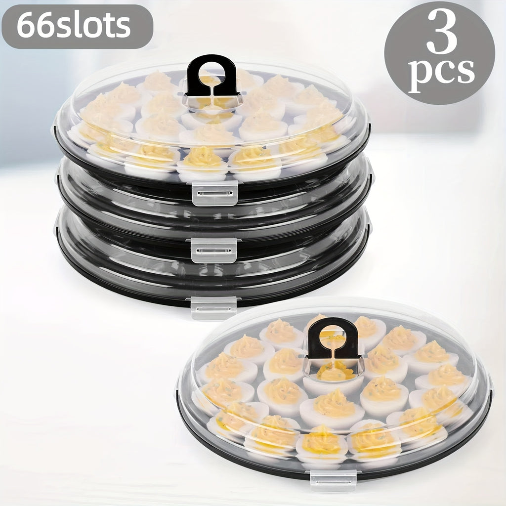 Deviled Egg Carriers with Lids and Folding Handles, Three 11.8-Inch Round Stackable PP Trays with 22 Slots Each for Party Prep, Serving and Upright Transport