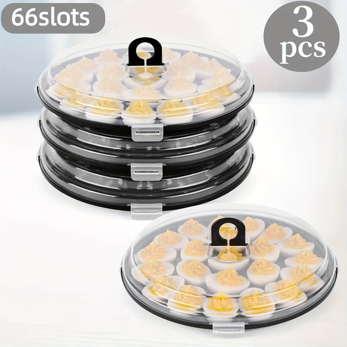 Deviled Egg Carriers with Lids and Folding Handles, Three 11.8-Inch Round Stackable PP Trays with 22 Slots Each for Party Prep, Serving and Upright Transport