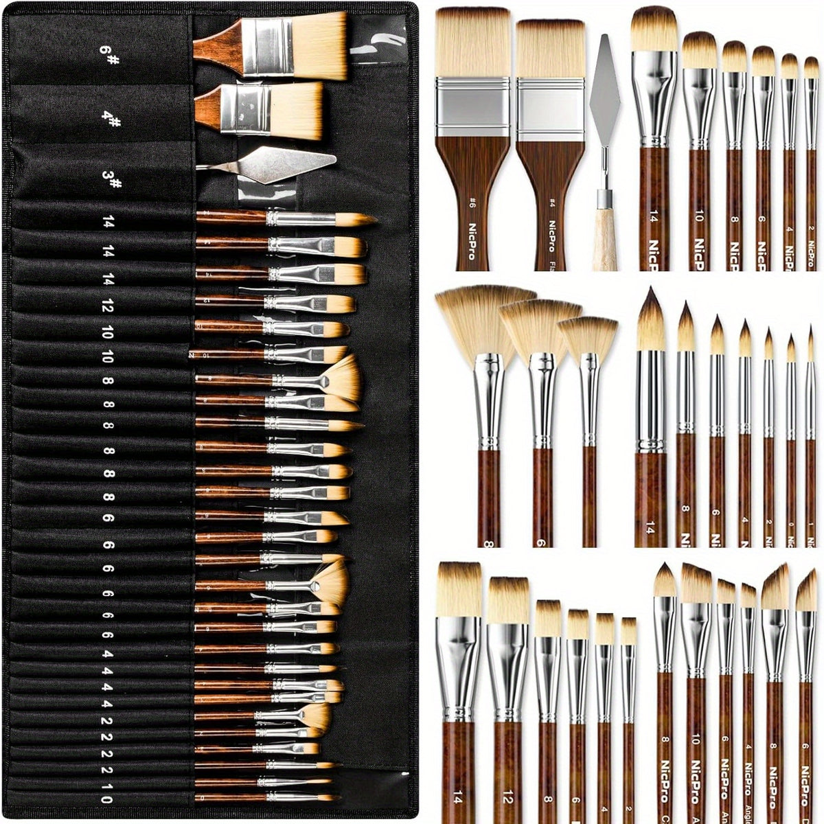 Nine-Shape Synthetic Paint Brush Set with Listed Palette Knife and Canvas Roll, Wooden, Black or Pastel Options for Acrylic, Oil, Watercolor and Gouache Art