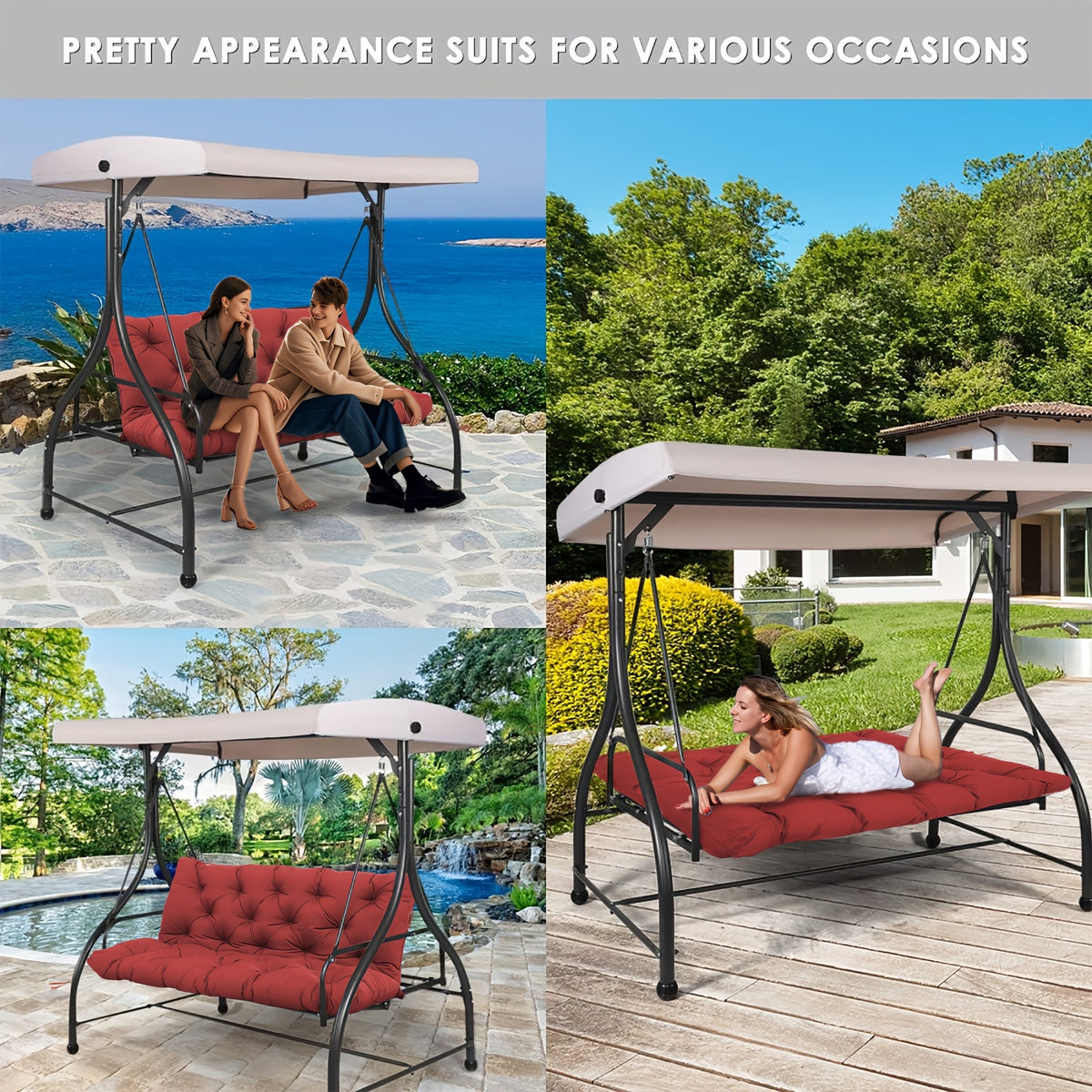 Porch Swing Replacement Cushion with Backrest and Ties, Listed 5-Inch Thickness, 48 or 60-Inch Size Labels and Five Color Choices for Patio Bench Seating