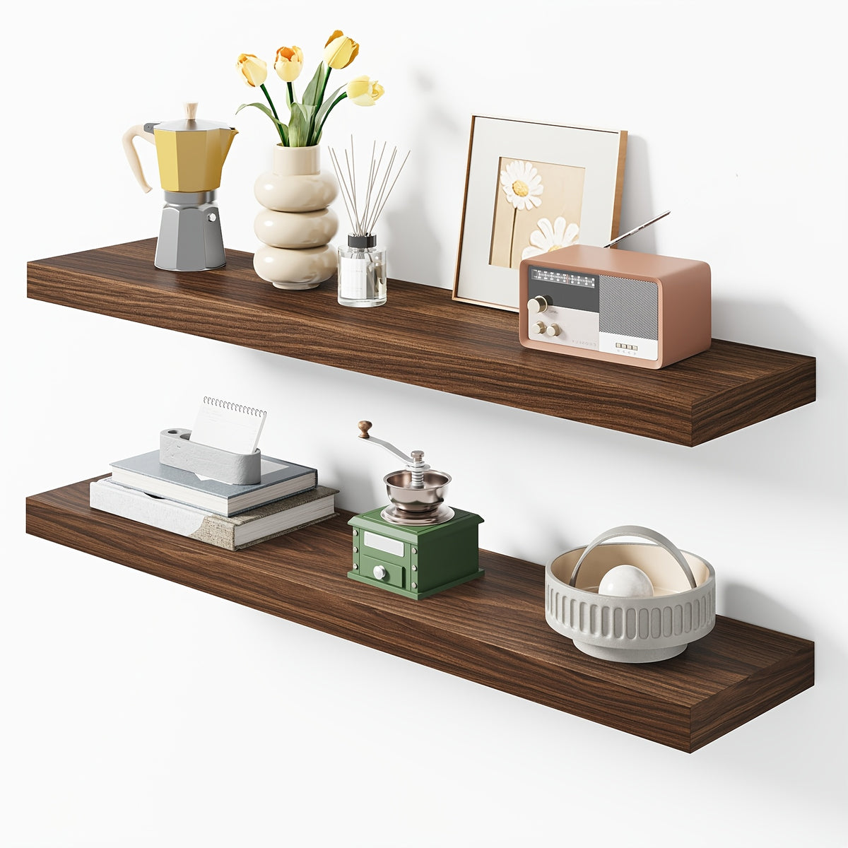 Floating Wall Shelves Two-Pack with Listed 32-Inch Length and Hidden Bracket Design, White, Walnut or Brown Labels for Home Decor and Seasonal Displays