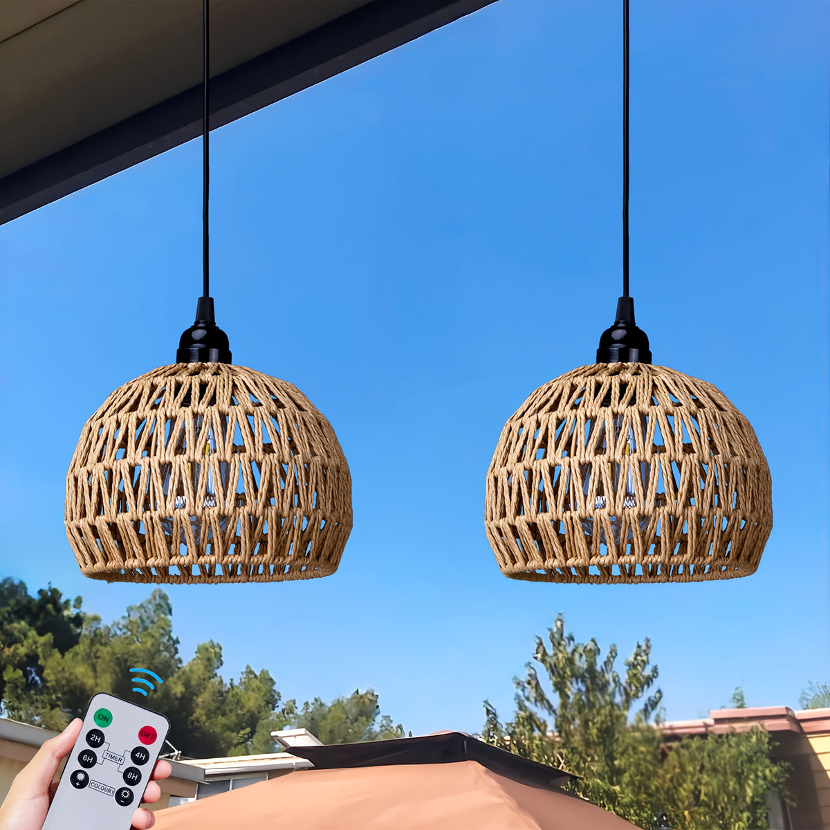 Battery Pendant Lights in a Two-Piece Woven Rattan-Style Set with Remote Control, Dimmable Warm White LED and Timer for Decorative Hanging Displays