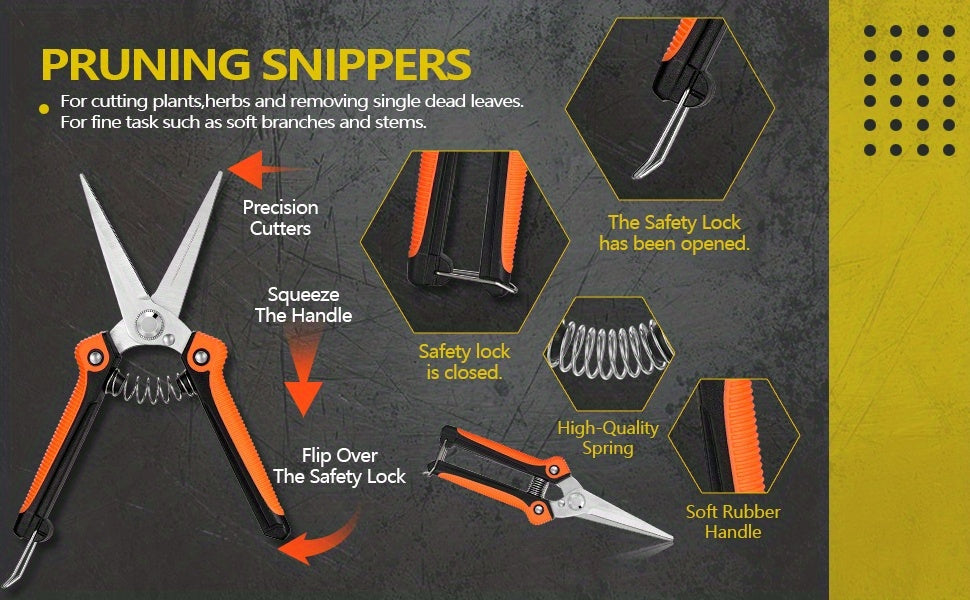 Garden Pruning Shears Set with Listed Stainless Steel Blades and Storage Bag, Five-Piece Tool Wording in Multicolor or Orange and Black for Plant Maintenance