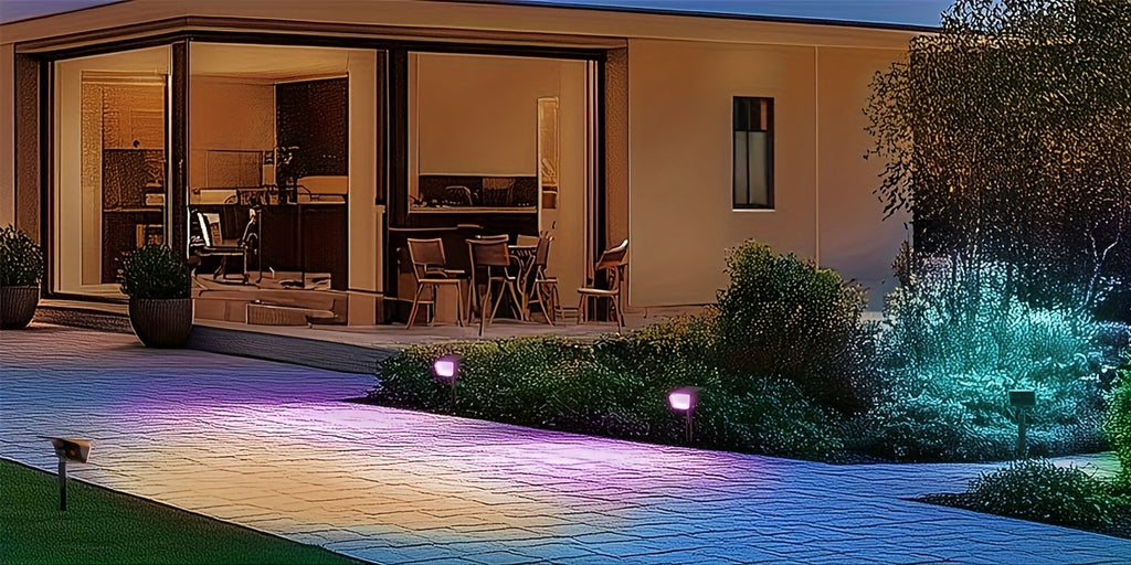 SYVIO Color-Changing Solar Landscape Spotlights with Listed 100 LEDs and Ten Modes, Multicolor Two- to Twelve-Piece Package Labels for Garden Accent Lighting