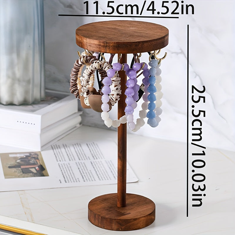 Round Wooden Jewelry Stand with 12-Hook Short or Tall-Leg Options, Vintage-Style Tabletop Necklace, Pendant and Bracelet Organizer for Home Display