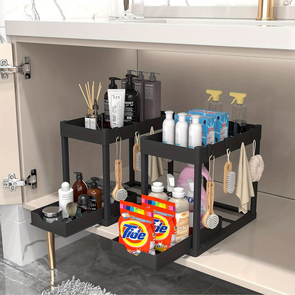 Hook and Bucket Under Sink Organizer, Two-Tier Sliding Cabinet Storage Rack with Listed Five Hooks and One Bucket, Single or Double Options for Kitchen and Bathroom