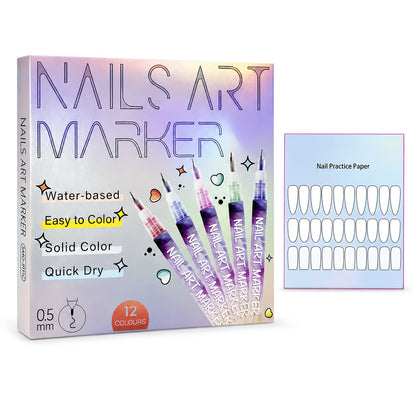 Nail Art Drawing Pens in a 12-Color Set for Decorative Dots, Lines and Freehand Doodle Designs, DIY Manicure Supplies for Adult Home and Salon Use