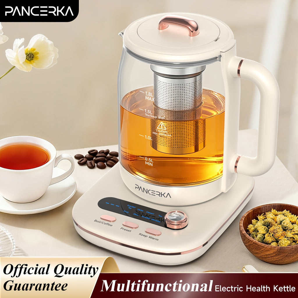 Electric Glass Tea Maker by PANCERKA, 1.8L Multifunction Kettle with Infuser and Detachable Filter in Beige for Home Tea Brewing & Kitchen Use