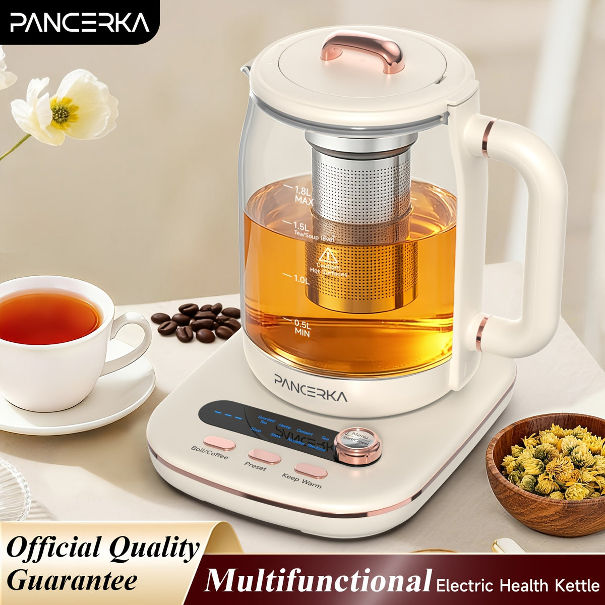 Electric Glass Tea Maker by PANCERKA, 1.8L Multifunction Kettle with Infuser and Detachable Filter in Beige for Home Tea Brewing & Kitchen Use