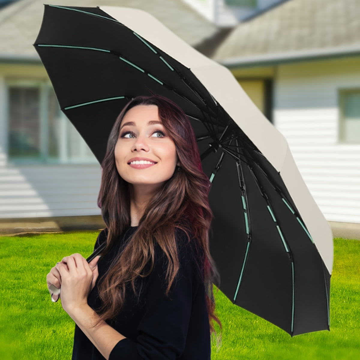 Automatic Folding Umbrella for Men and Women with Listed Reinforced Fiberglass Ribs, Compact Sun and Rain Carry in Five Colors for Daily Outings