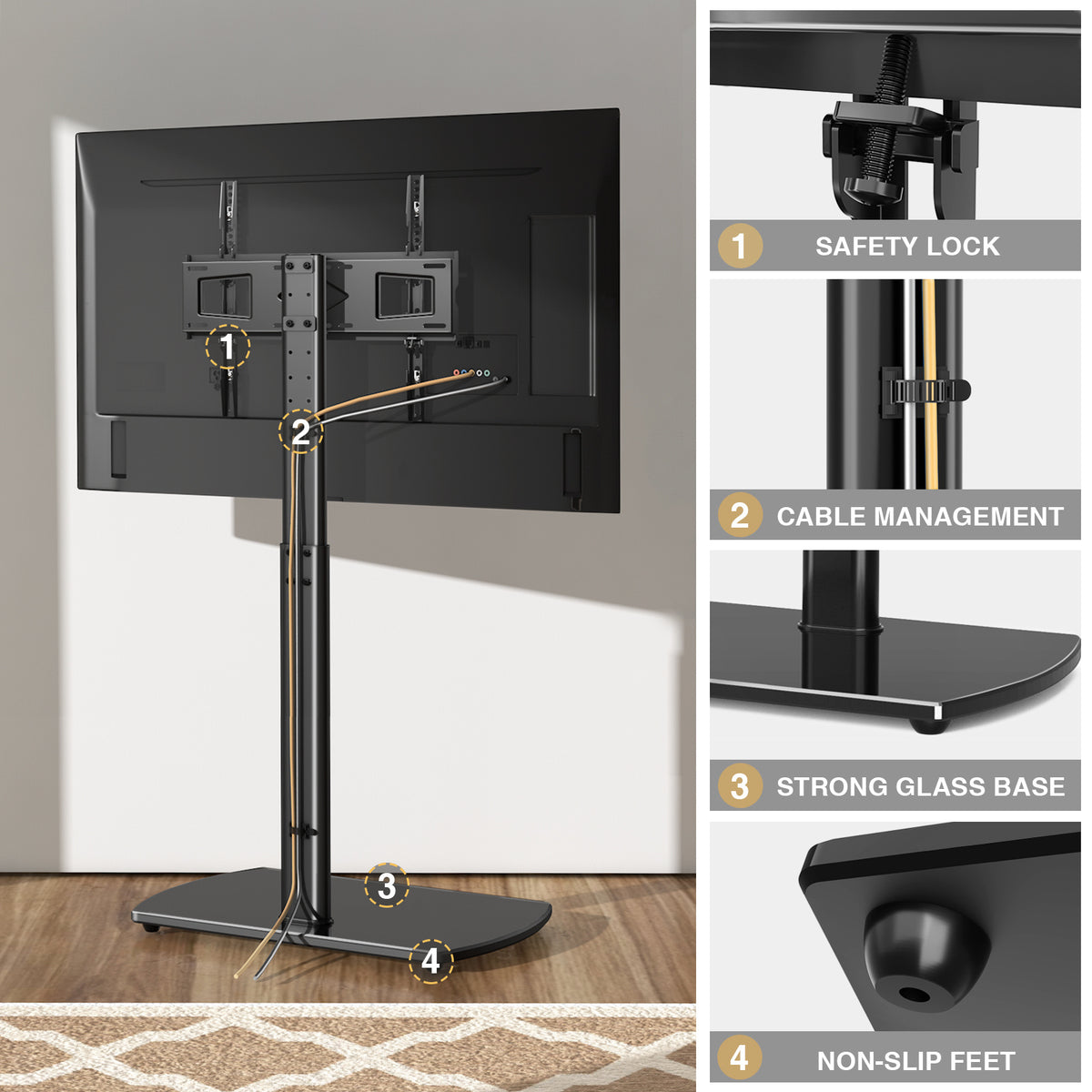 Swivel TV Floor Stand with Adjustable Height and Tempered Glass Base, Cable Management and Black or White Options for Compatible 32–65 Inch Television Setups
