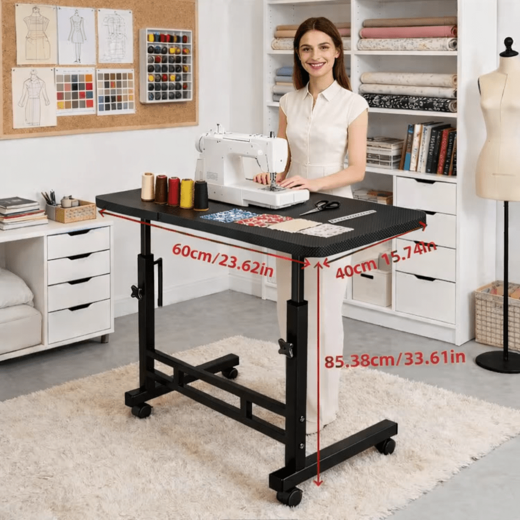 Height Adjustable Craft Table with Double Storage Shelves and Four 360-Degree Wheels, Rolling Sewing and Knitting Organizer for Bedrooms and Living Rooms