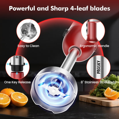 Immersion Blender Set with 5-in-1 Handheld Design, Whisk, Measuring Cups and Meat Chopper Attachments for Everyday Kitchen Prep in Red or Black