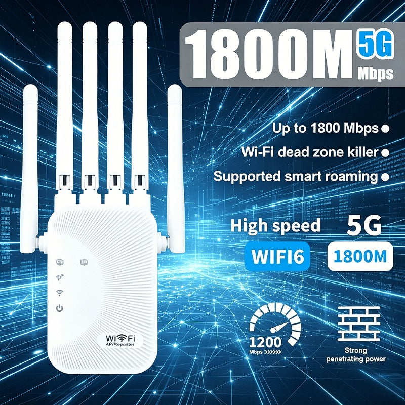 Six-Antenna WiFi Range Extender with Ethernet Port, White Wireless Signal Repeater for Home and Office Network Coverage and Everyday Internet Use