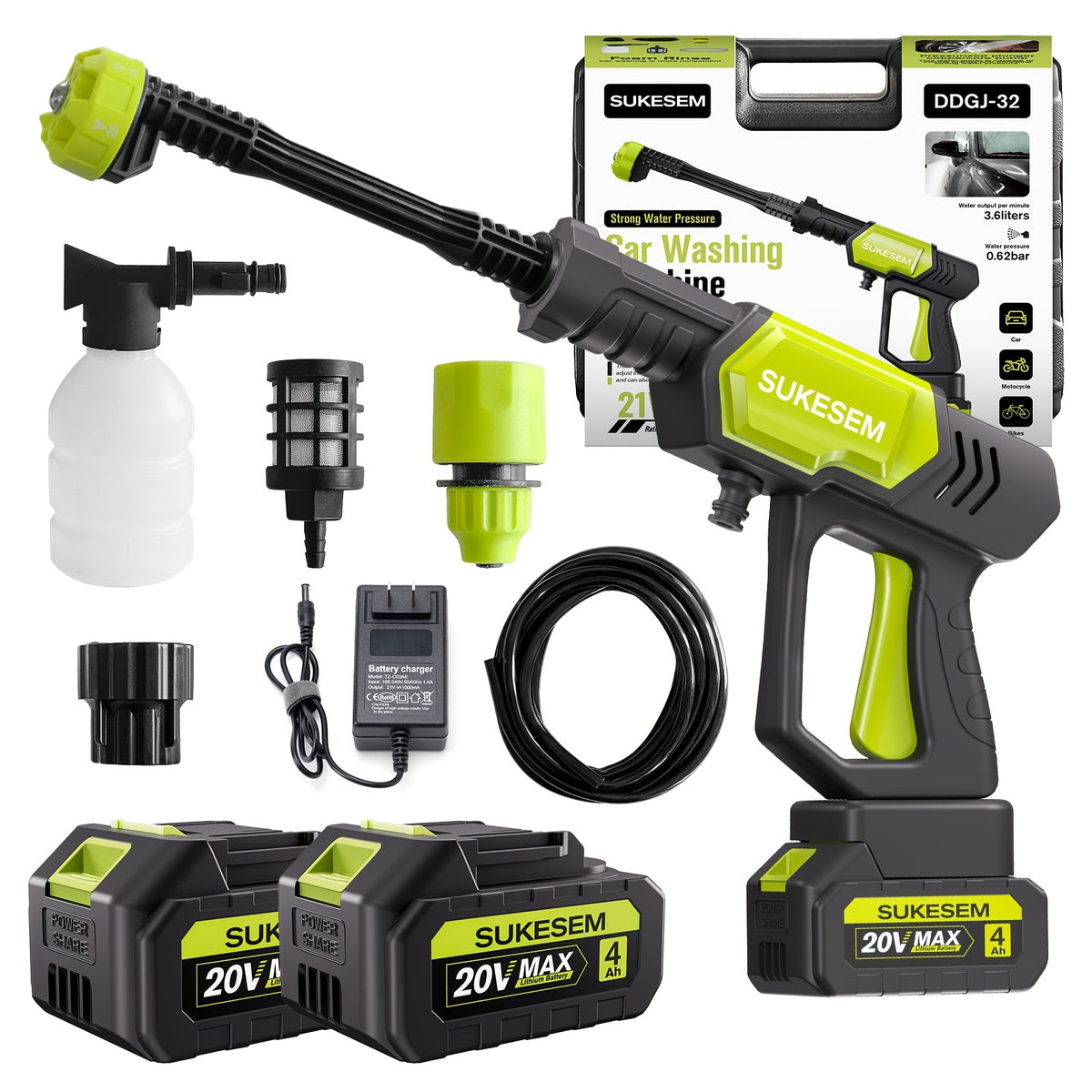 Battery-Powered Car Wash Cleaner with Adjustable Nozzle, Cordless Rechargeable Washing Tool for Yard and Garden Cleanup, One or Two Battery Packages